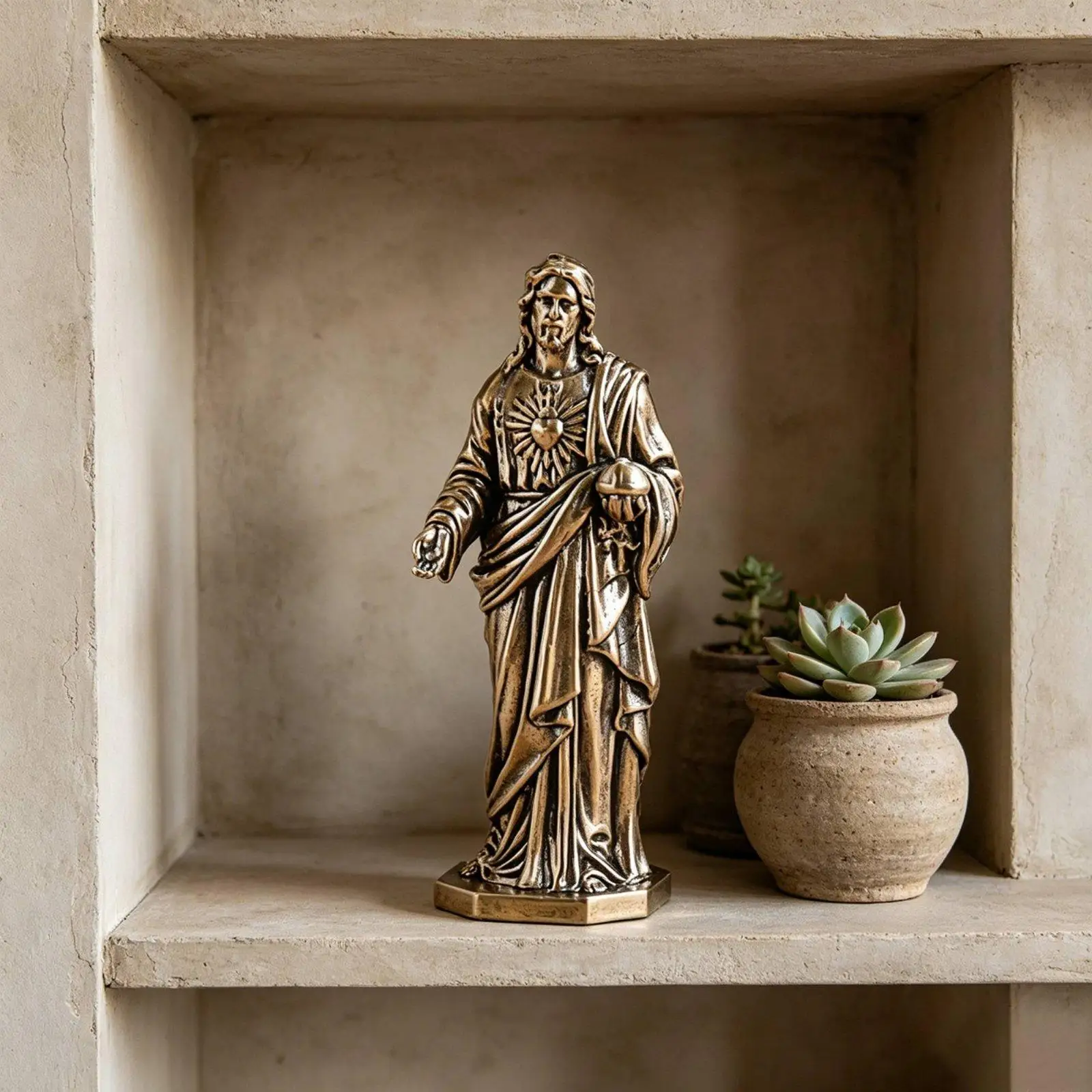 Sacred Heart Jesus Brass Decorative Statue Handcrafted Vintage Religion Sculpture for Bookshelf Display