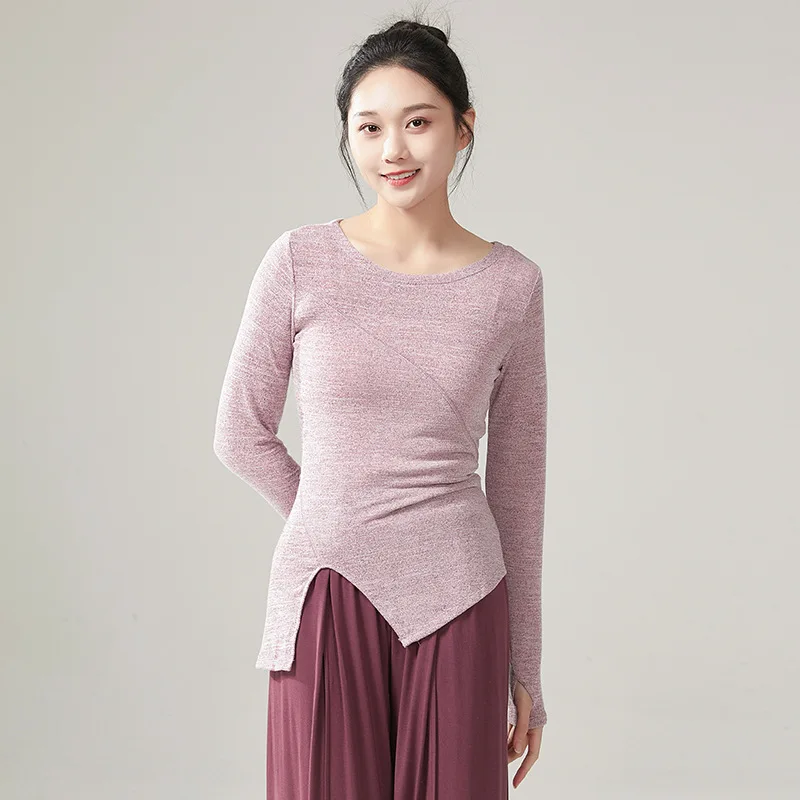 

Топ для танцев с длинным рукавом и асимметричным подолом для женщин, классическая современная рубашка для выступлений, сценический костюм, танцевальная одежда