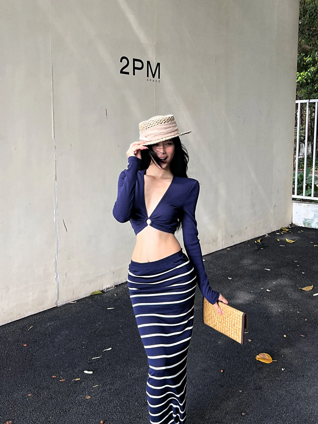 

Kumikumi Pure Desire Deep V Neck Short Sleeve Long Sleeve T Shirt Set Women Spring Color Block Stripe Skirt Two Piece Suit