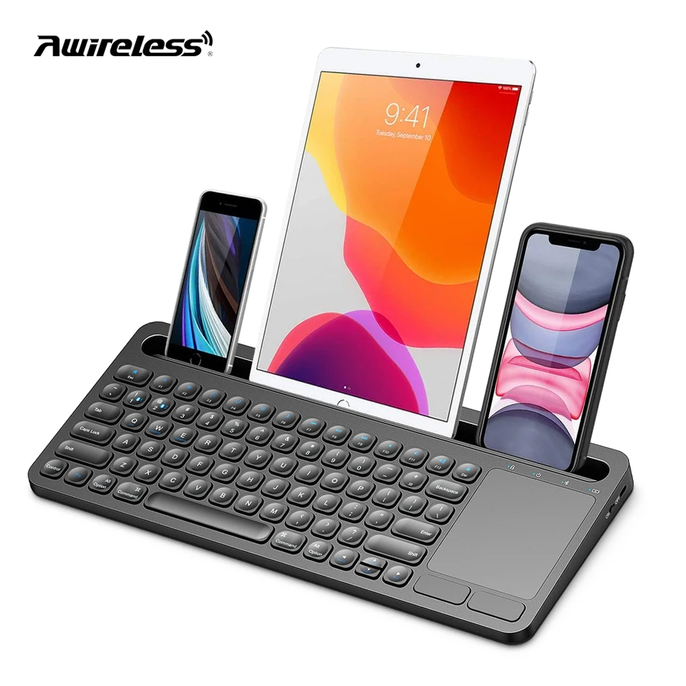 Multi-devices ABS Rechargeable Wireless Bluetooth Keyboard with Cradle and Touchpad for Tablet Phone