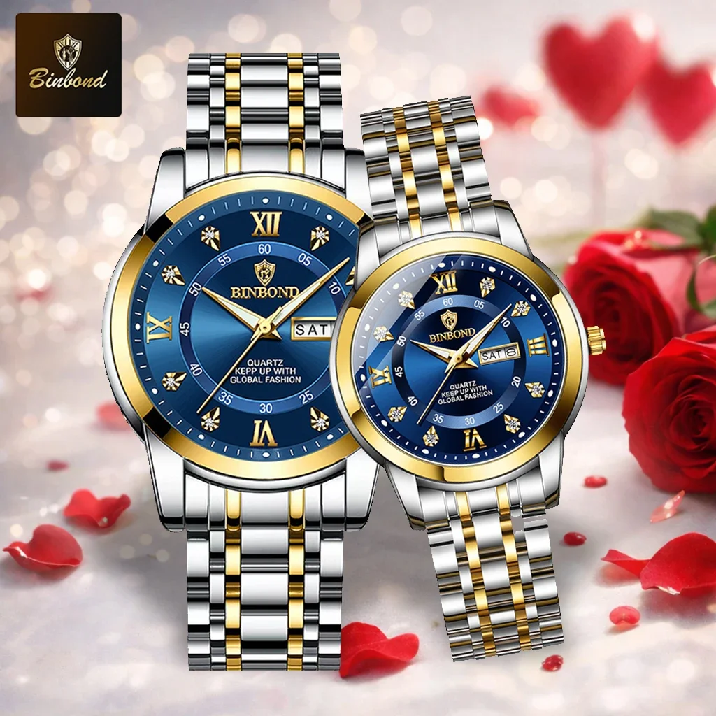 BINBOND 2pcs/Set Luxury Couple Watches Waterproof Fashion Diamond Valentine Day Gift Stainless Steel Men Women Quartz Watch