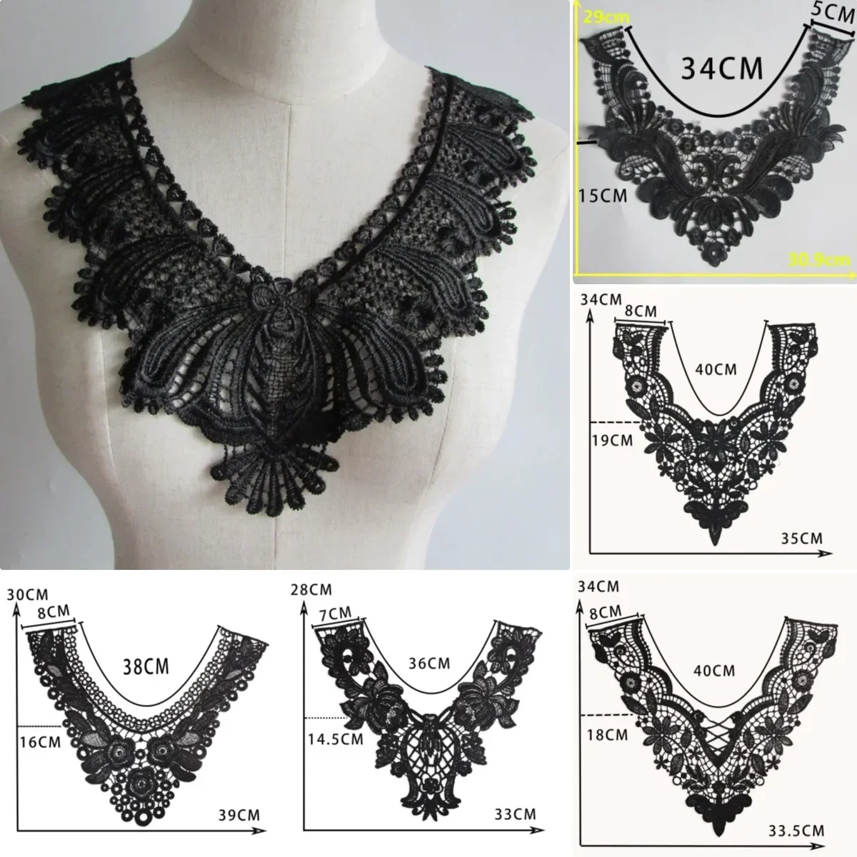 Wholesale sales 1-10 piece black white polyester embroidery hollowed out collar sewing lace DIY decorative clothing accessories