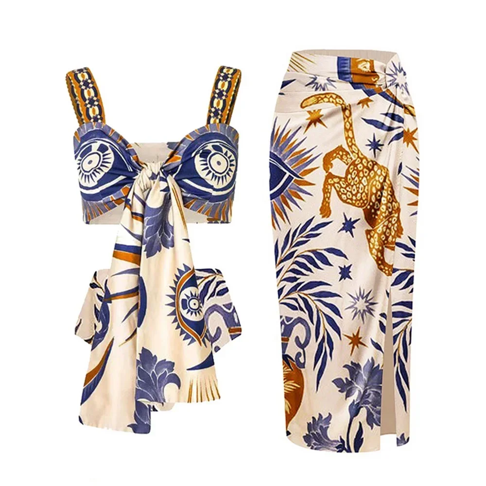 

2024 New Print 3Pcs Bikini Set Beach Outfits For Women Push Up Swimwear Strappy Bathing Suit Floral Beachwear Biquini Playa Beac