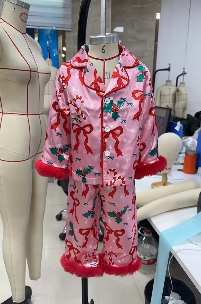 2027 Xmas Toddler Baby Girls Christmas Pajamas Set Adorable Bow Print Long Sleeve Lapel V Neck Satin Tops Elastic Waist Pants