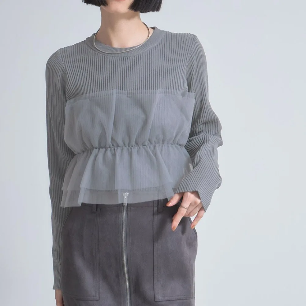 

Mesh Spliced Ropa Mujer O-neck Long Sleeve Roupas Autumn Knit Woman Clothes 2025 New Clothing Elastic Bottomed Sweater