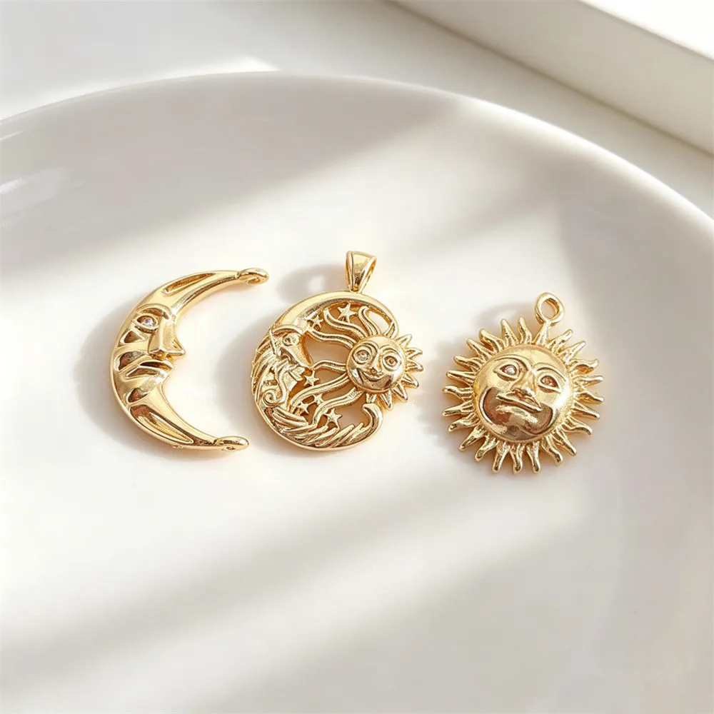 Brass 14K Real Gold Plated Sun Moon Face Zircon Star Moon Pendant DIY Necklace Findings D020
