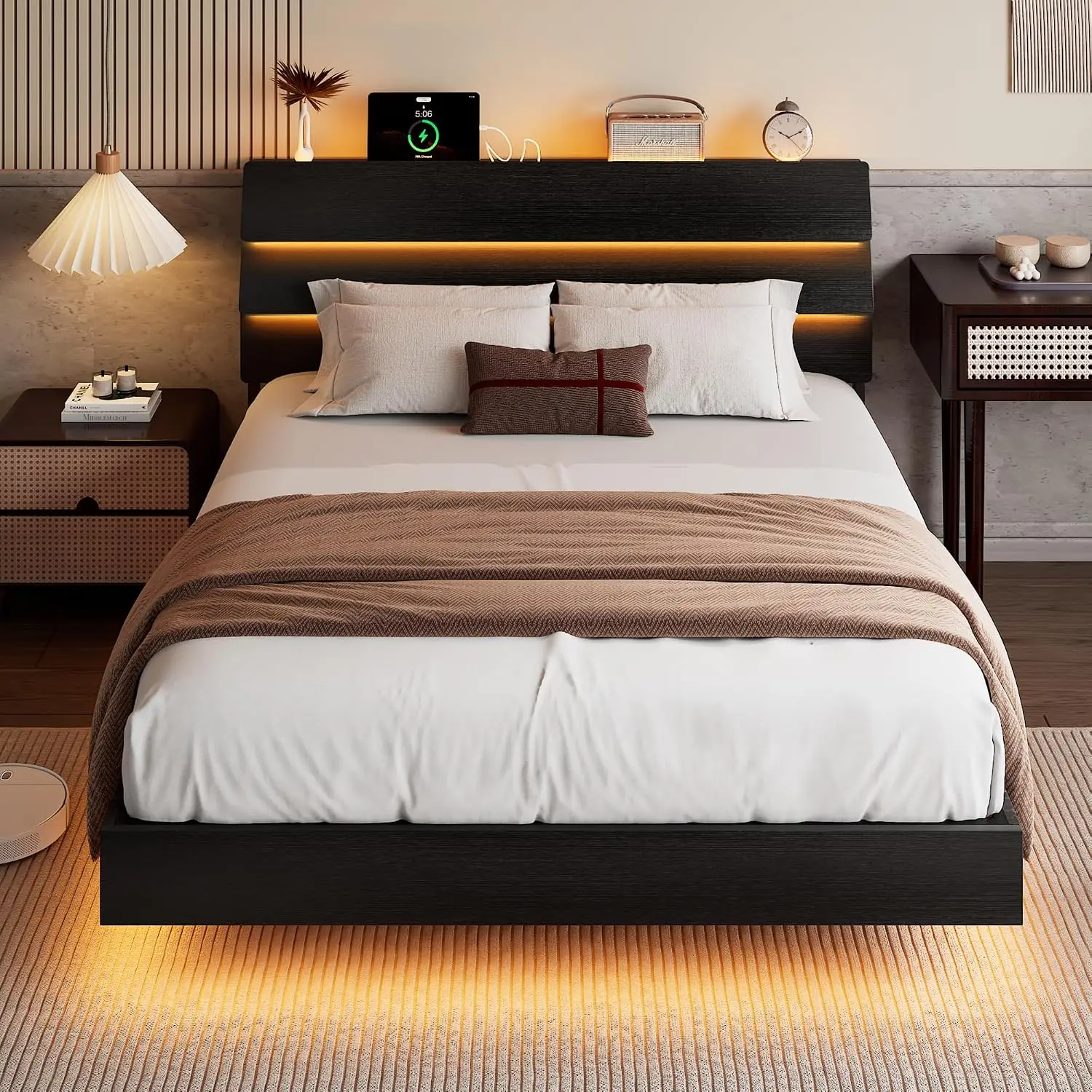 Floating Bed Frame Queen Size with Led Headboard and Charging Station, Metal Platform Bed Base with Storage, Remote