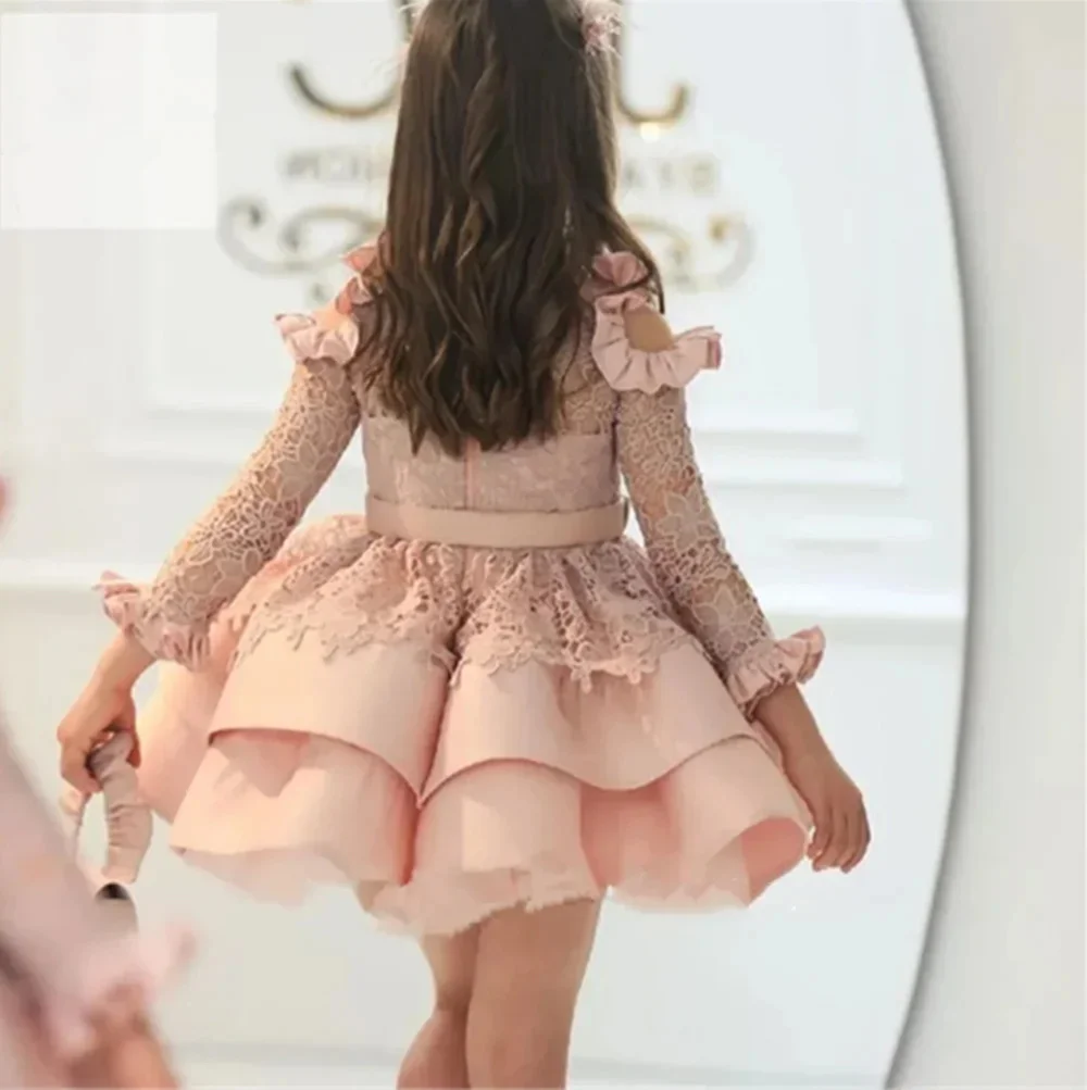 Customized Flower Girl Dress for Wedding Lace Long Sleeve High Waist Knee Length Elegant Kids Birthday First Communion Gown