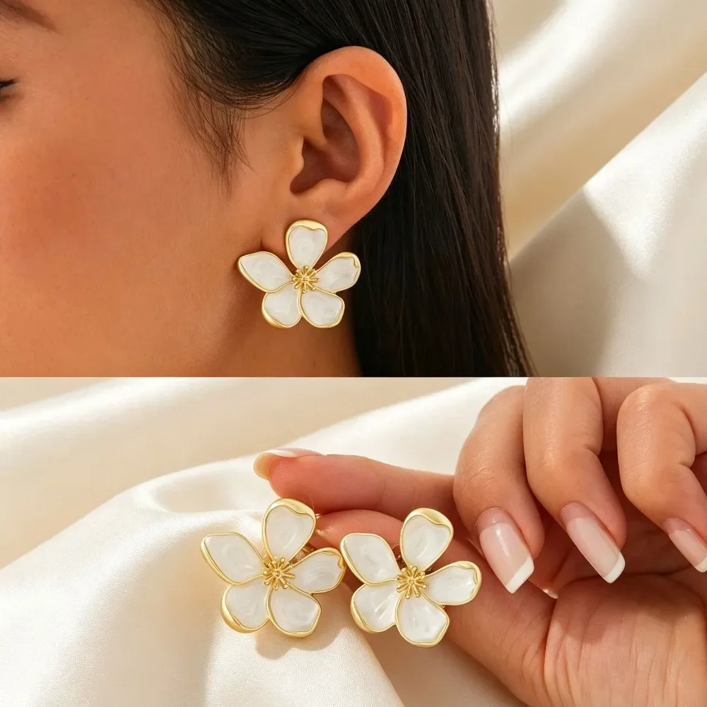 Women Gold Flower Metal Stud Earrings, Fashion Cute Floral Ear Studs for Daily Dating Holiday, Lovely Gift for Her