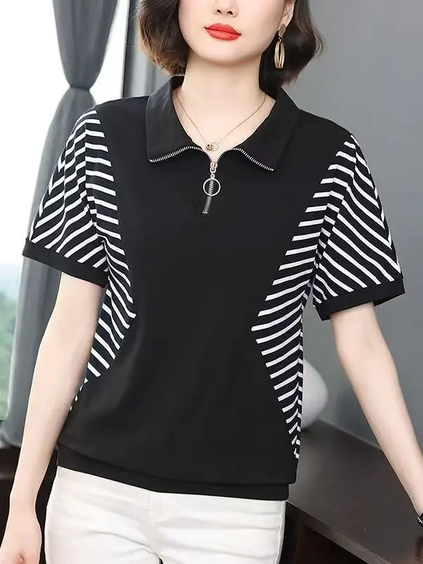 

Summer New Women's Loose Fit Striped Neck Short Sleeve T-Shirt Elegant Style Polyester Fiber Casual Wear for All Body Types