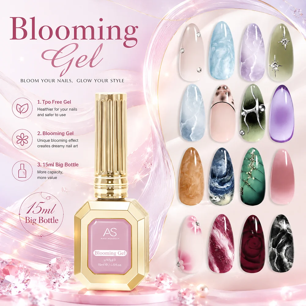 AS Blooming Gel Polish 15ml UV LED Soak Off Nail Art Gel Color Spreading Effect Marble Watercolor Stone Design Manicure Varnish