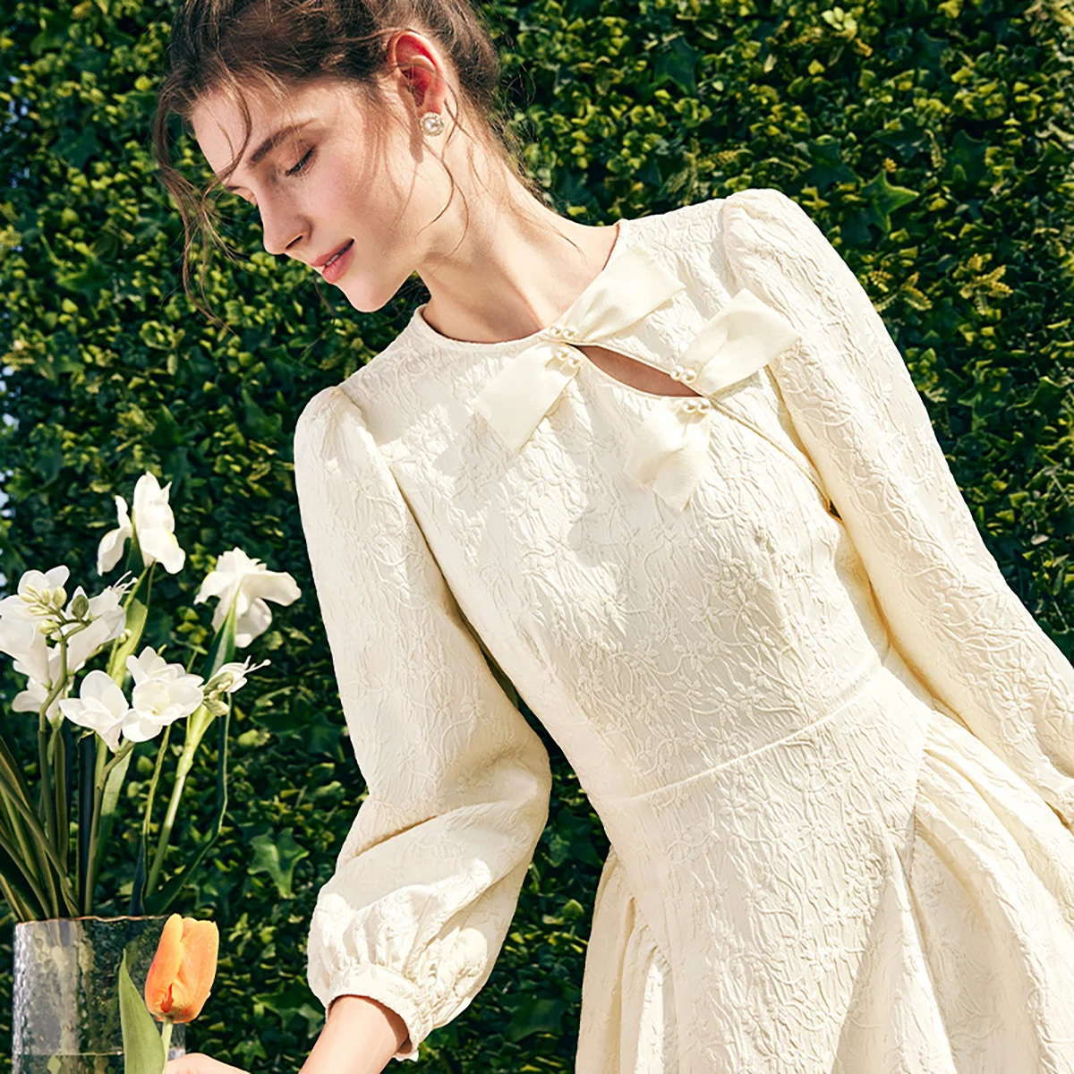 OLrain Frauen Elegante Tee-pause Kleid 2025, Herbst Puff Langarm Französisch Kleider Solide Jacquard Bogen Frau Kleidung O23CL 69329