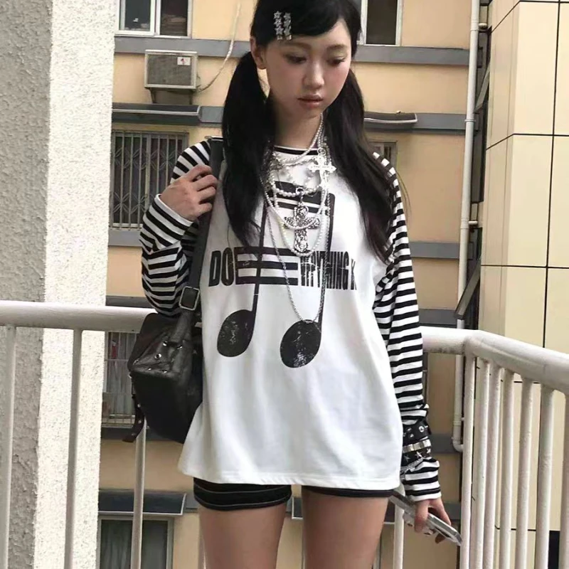 Women's printed pattern top streetwear retro American retro T-shirt striped round neck musical note pattern clothing