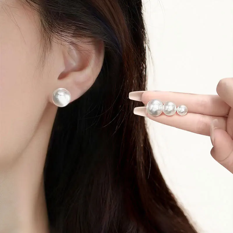 1Pack White Simple French-style Imitation Pearl Round Bead Stud Earrings Including 12 Pairs in 4 Different Sizes