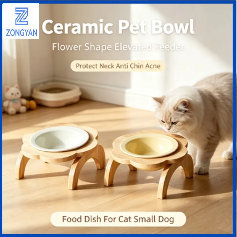 ZONGYAN Ceramic Elevated Pet Bowl Flower Feeder Neck Protection Anti Chin Acne Food Container For Cat Puppy Daily Feeding