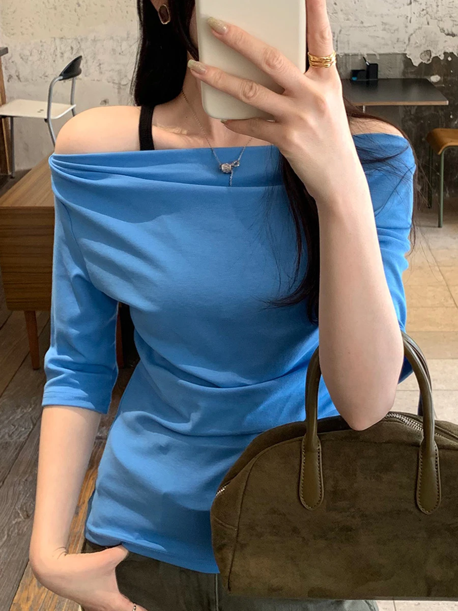 Cute Electric Blue Slash Neck T-shirts Women Summer Casual Streetwear Slim Half Sleeve Tees Female Vintage Sweet Chic Tshirt Y2K