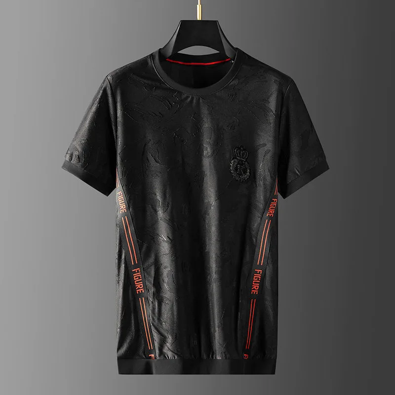 European luxury jacquard camouflage t-shirt men's summer ribbon splicing casual round neck large loose short sleeve men's top