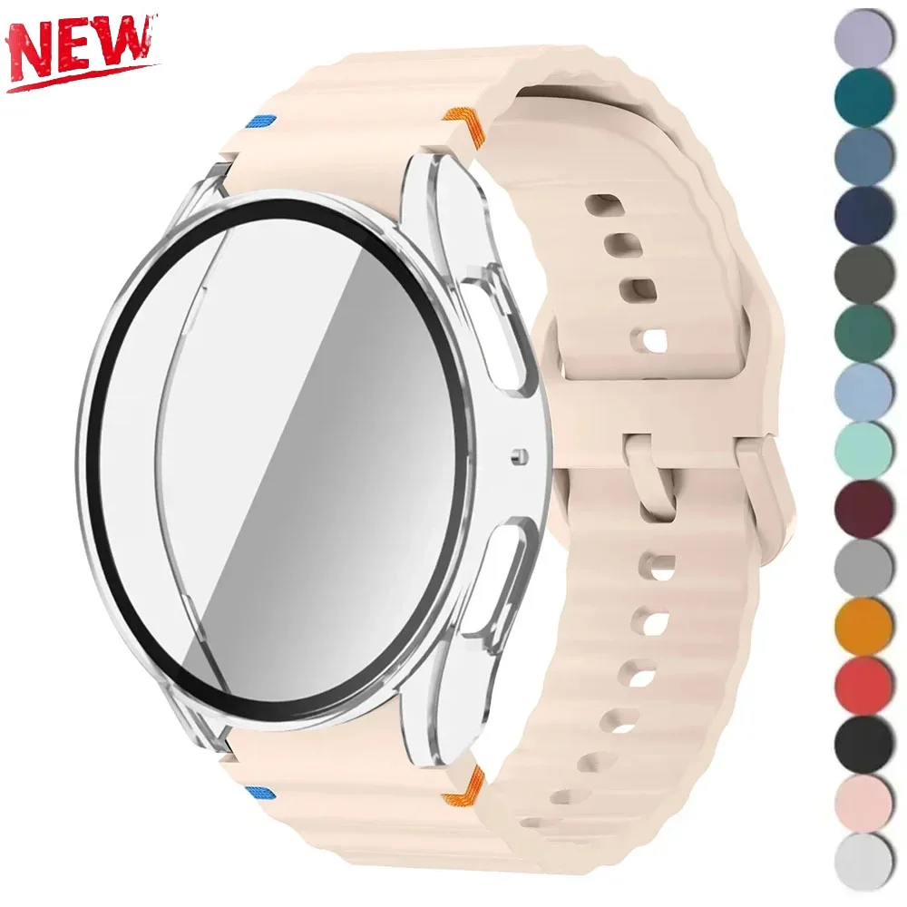 Gehäuse + Armband für Samsung Galaxy Watch 7, 6, 5, 4, 40 mm, 44 mm, Silikonarmband, gehärtetes Glas, Displayschutzfolie, Stoßstangenabdeckung