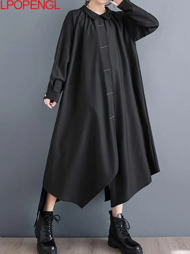 New Spring Korean Fashion Button Elegant Dress Black Bright Line Contrast Irregular Hem Single Breasted Ankle-length Long Dress