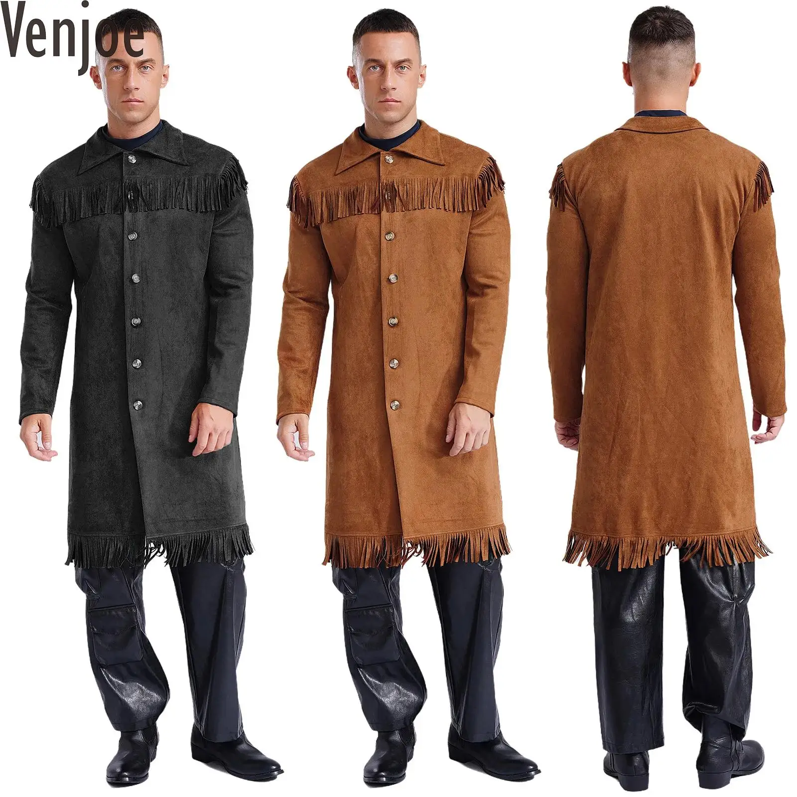 

Mens Western Cowboy Cosplay Costumes Lapel Long Sleeve Long Jacket Button-up Tassel Faux Suede Coat Outerwear Halloween Party