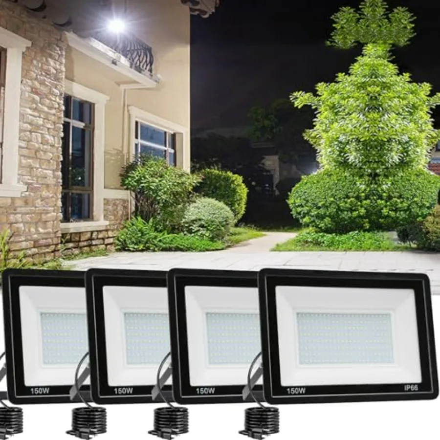 

4 Pack 150W LED Flood Light Outdoor 15000LM Work Spotlight with US Plug 6500K Daylight White IP66 Waterproof Exterior Security