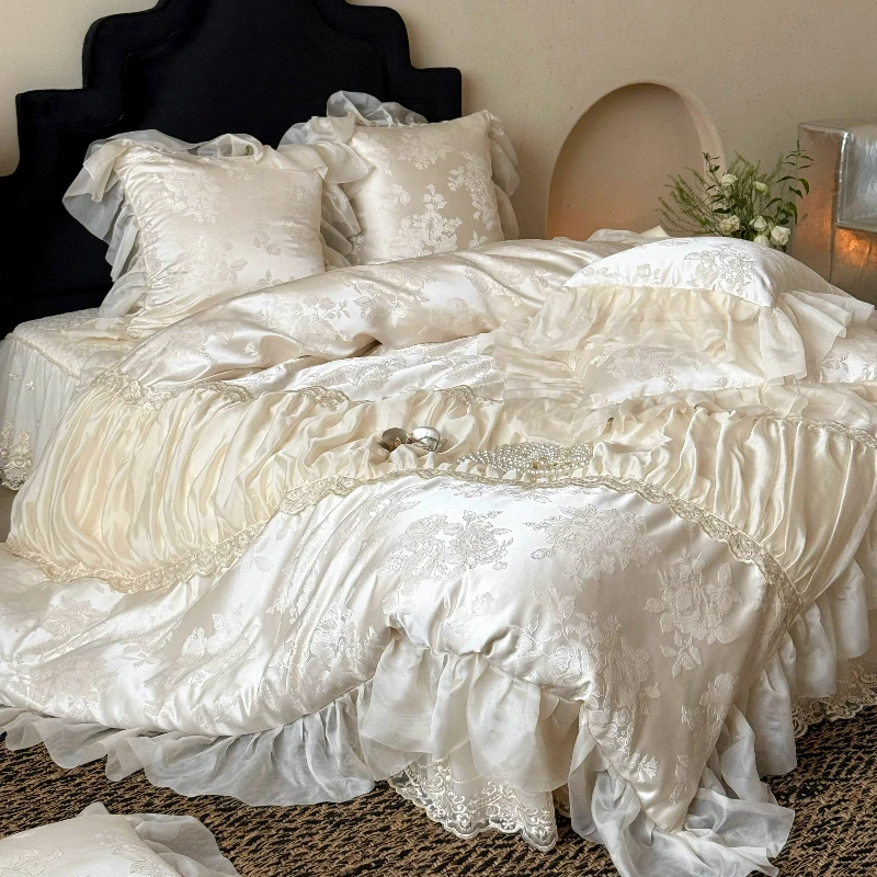 French fairy romantic jacquard long staple cotton 4 piece set pure cotton lace edge bed cover duvet cover princess style bedding