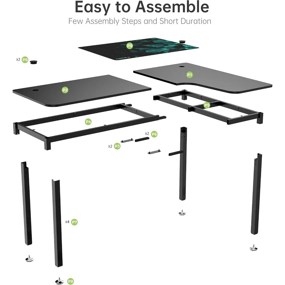 60 дюймовый черный угловой L-образный компьютерный стол, для дома, офиса, игровой кабинет с металлическими ножками, компьютерный стол