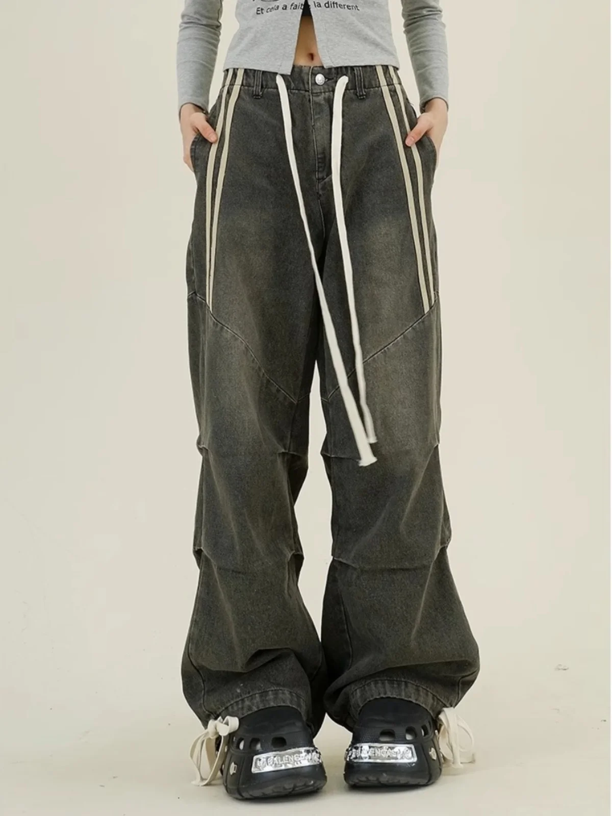 

Trendy High Waist Wide Leg Jeans Women's Loose Drapey BF Street Sle Striped Patchwork Design Autumn New Arrival Bla