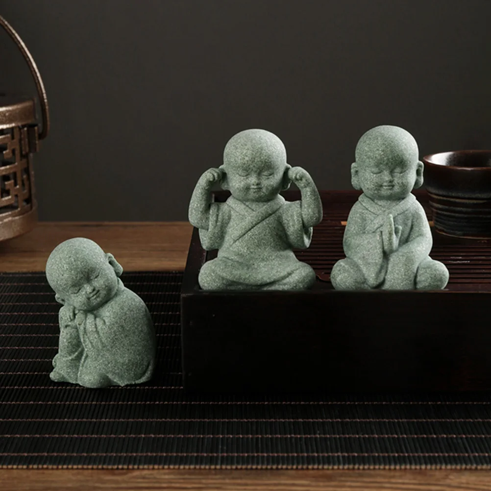 

4 Pcs Zen Novice Baby Monk Figurines Stone Statues Decorative Ornaments Table Garden Mini Sculptures Landscape Home Decor