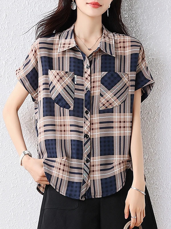 

Blue Plaid Chiffon Casual irt Women's Summer 2025 Faion Age-Defng Personali Match All-Weather Small irt