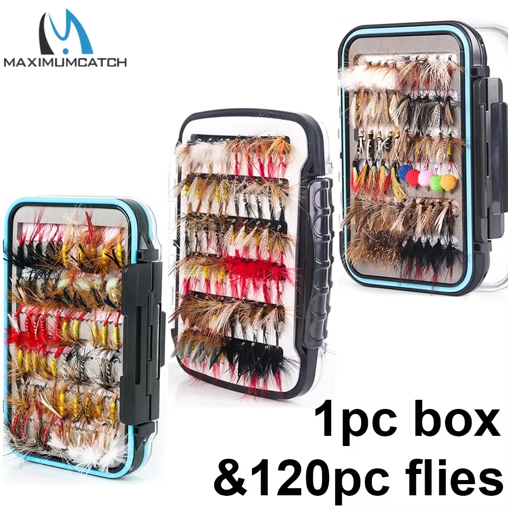 Maxcatch 120pcs Fly Fishing Flies Assortment Dry Wet Nymph Streamer #2-14 Hooks Trout Bass Fly Lures Kit Waterproof Box Set