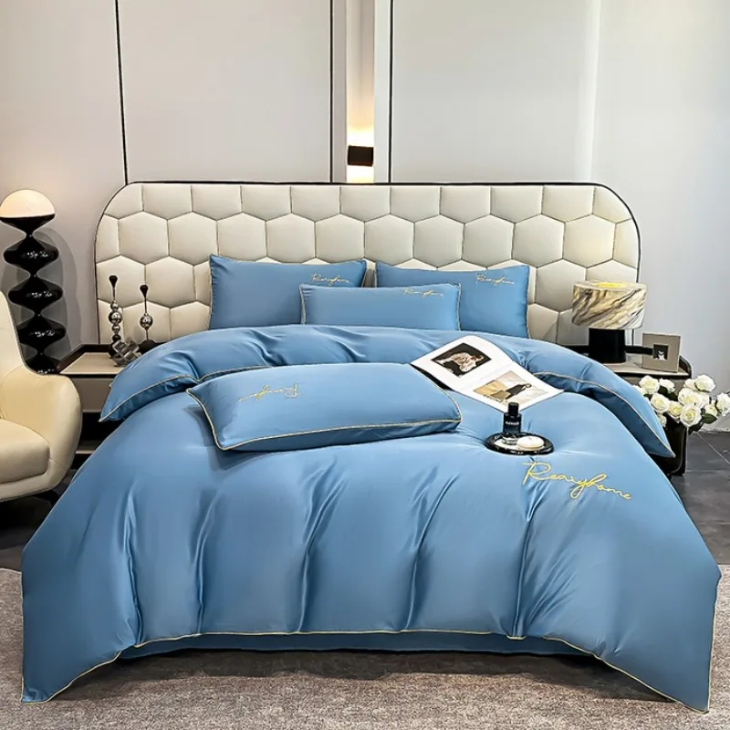 

2025 new summer ice silk quilt cover four-piece set silky smooth sleeping naked light luxury high-end feeling washed silk cool