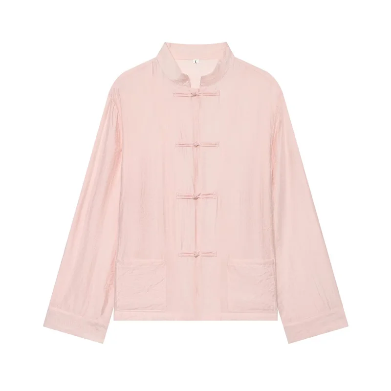 2026 Vintage Chinese Knot Satin Shirt Women's Stand Collar Long Sleeve Shirt Elegant Tang-style Top