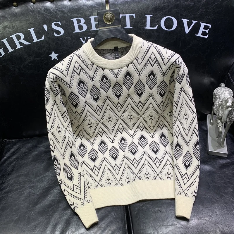 

Модный мужской вязаный свитер с круглым вырезом, осенне-зимний, повседневный, базовый, с цветочным узором, высококачественный, стильный, универсальный, с длинными рукавами.