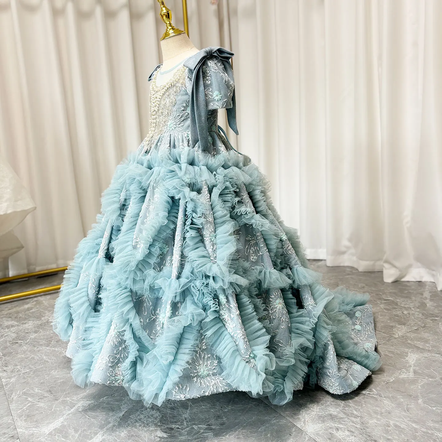 Jill Wish Luxury Arabic Flower Girl Dress Dubai Blue Pearls Beaded Princess Gown for Kid Birthday Wedding Party Pageant J020