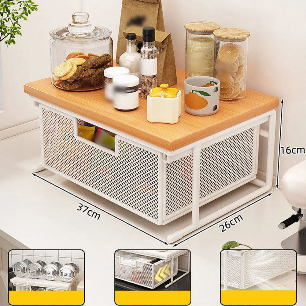 Wood Printer Stand, 2-Tier Stand For Office Supplies,Slide-Out Mesh Drawer Tea Bag Tea Cup Desktop Storage Rack