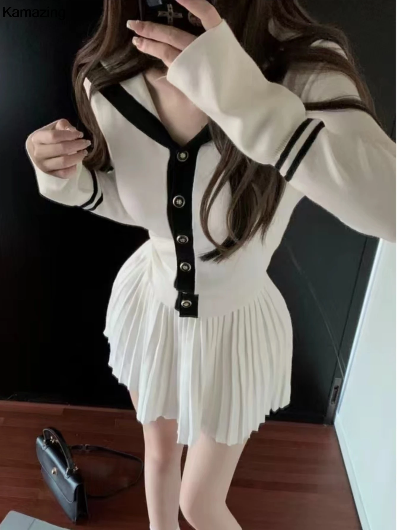 Korea Sweet Knitted Two Piece Set Women Autumn Slim Single Breasted Sweater Top Pleated Mini Skirt Suit Winter Fashion Outfits