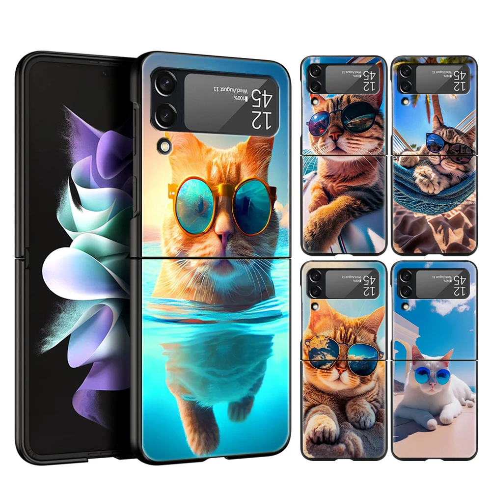 Cute Pinched Face Animal Cat Hard PC Phone Case For Samsung Galaxy Z Flip 5 4 3 Cover For Galaxy Z Flip 6 Foldable Shockproof