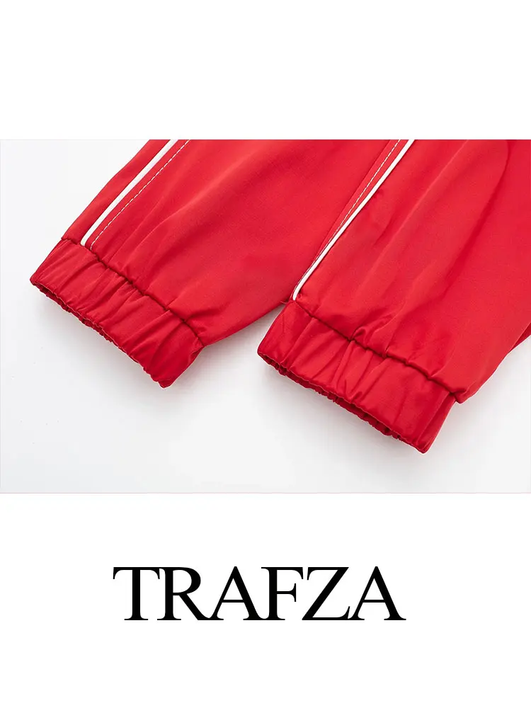 TRAFZA 2024 Women Fashion Contrast Striped Coat Long Sleeve Stand Collar Zipper Jacket Female Casual Street Red Outerwear