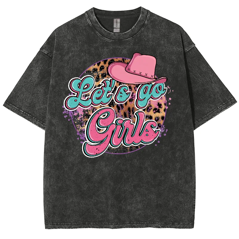 

Pink Leopard Print Letter Print Women's T-Shirt American Sweetheart Style Cute Girl Short Sleeve Crew Neck Washed Vintage Top