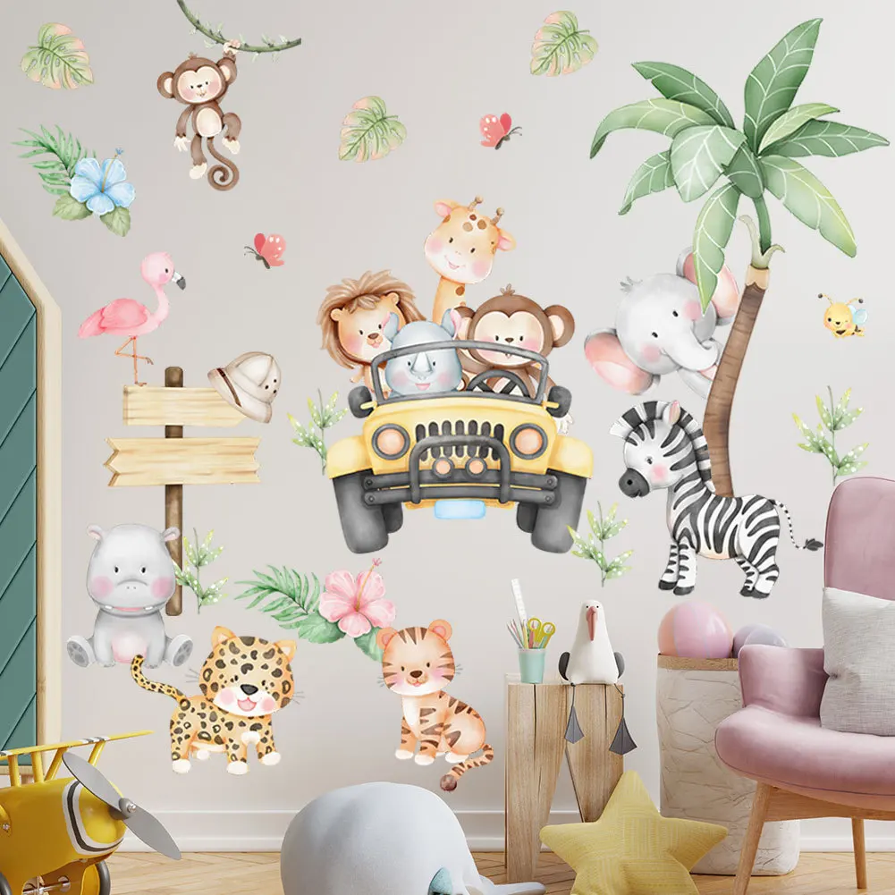 Kawaii Cartoon Forest Animals Wall Stickers for Children Boys Baby Room Decoration Elephant Giraffe Monkey Car Tree Wallpaper