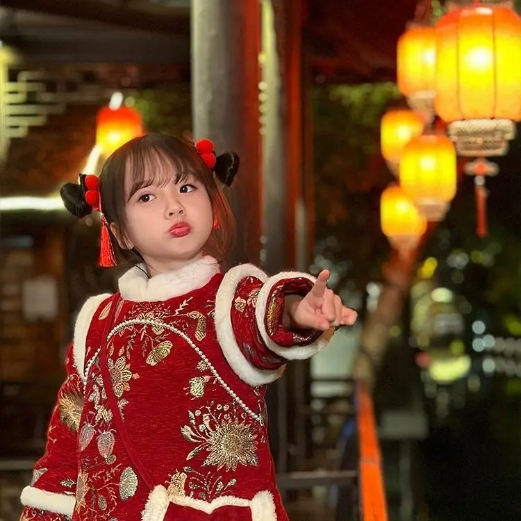 Chinese New Year girl Hanfu winter style plus cashmere thickening Chinese New Year dress children's cheongsam dress