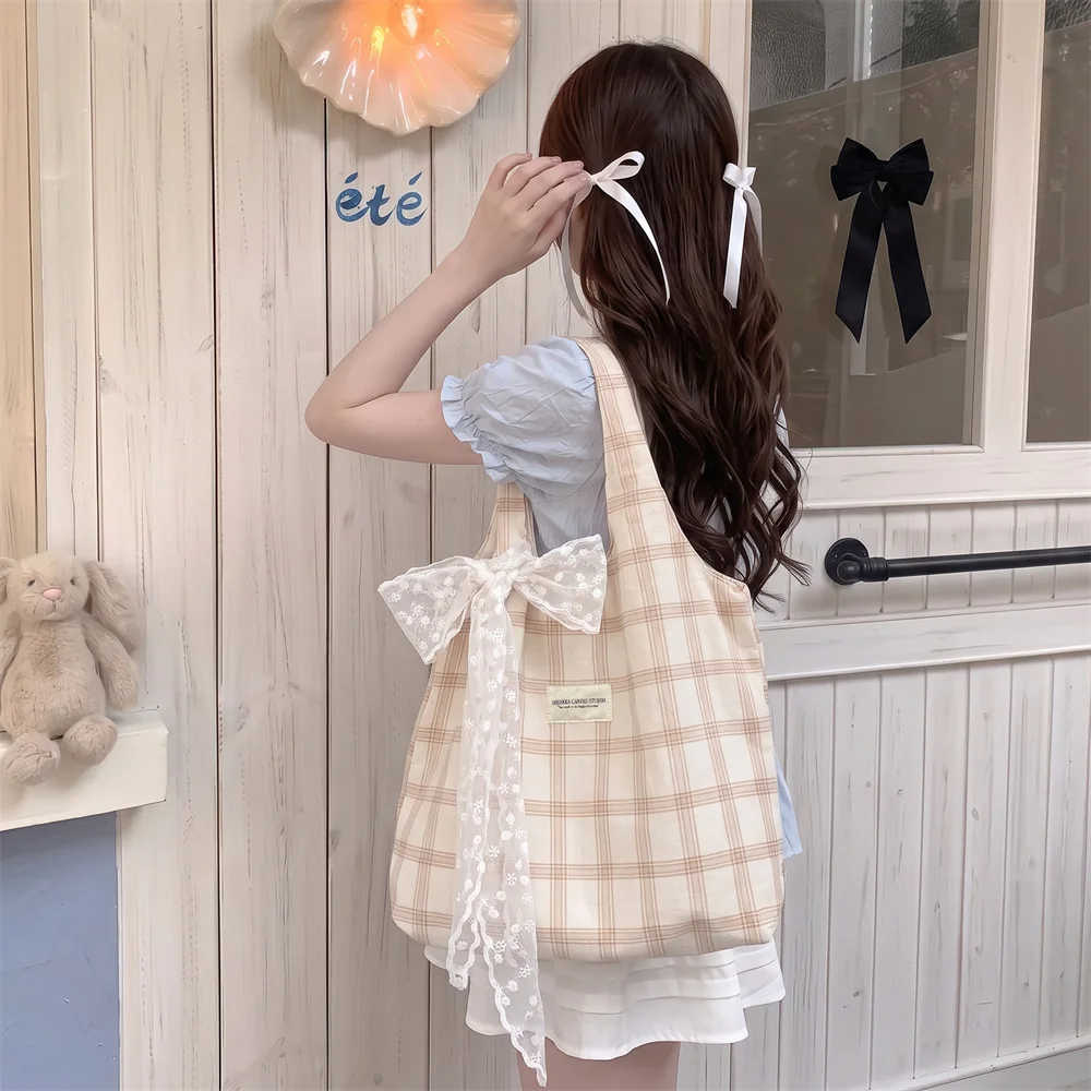 Large Capacity Plaid Canvas Tote Bag for Laptop Books Student Women Girls Commute Office Daily Shopping Comfortable Shoulder Bag
