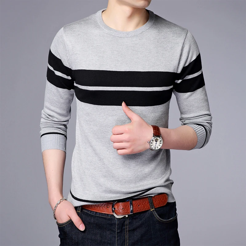 Men\'s Casual Striped Knit Spring and Autumn Long Sleeved Pullover Fashion Top