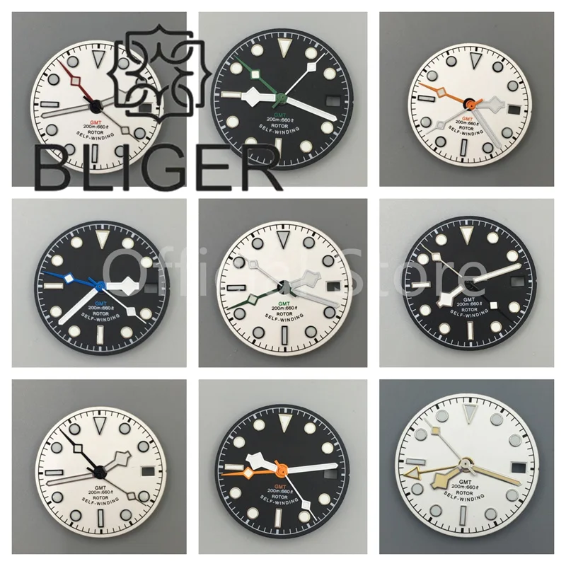 

BLIGER 29mm Green Luminous Black/White Sterile Watch Dial With Snowflake Hand Set Bend Selfwinding Fit NH34 Movement Watch Parts