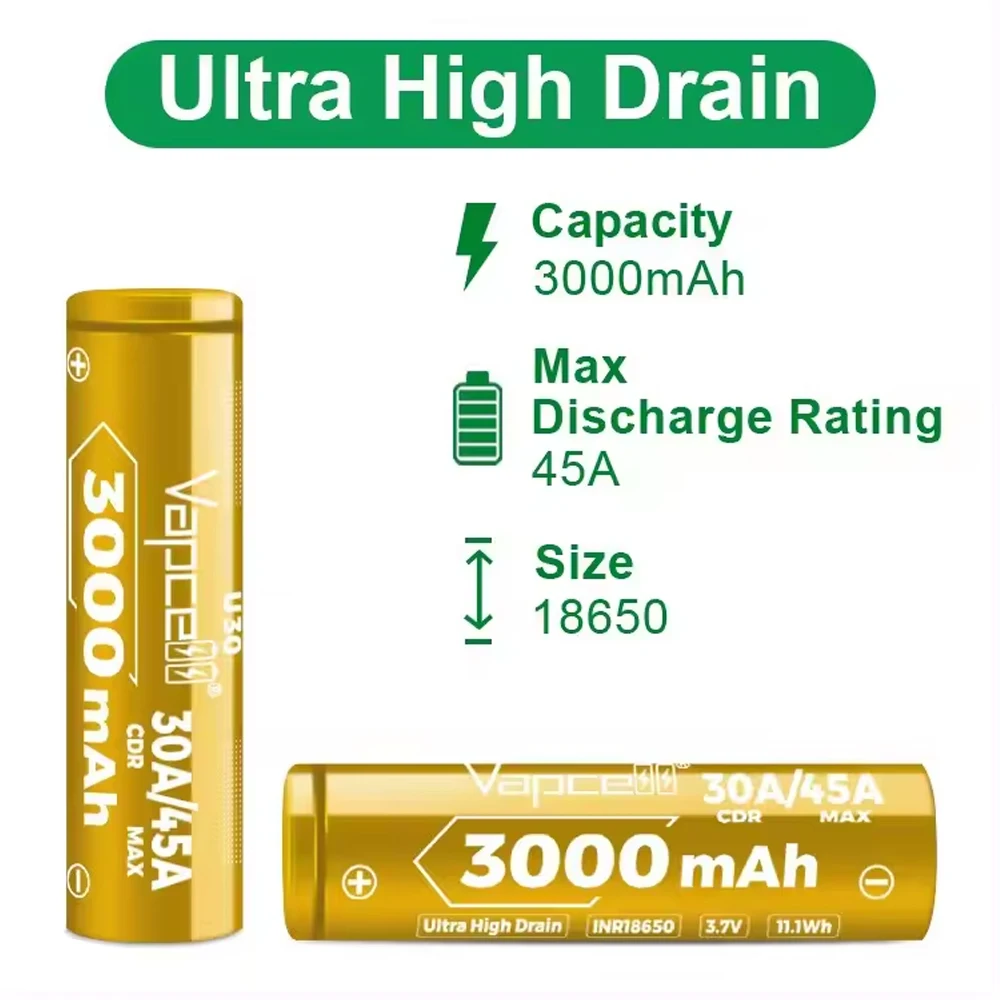 1-10pcs Original Vapcell INR18650 3000mah U30 30-45A Lithium-ion Batteries High Power Rechargeable Battery For Toys