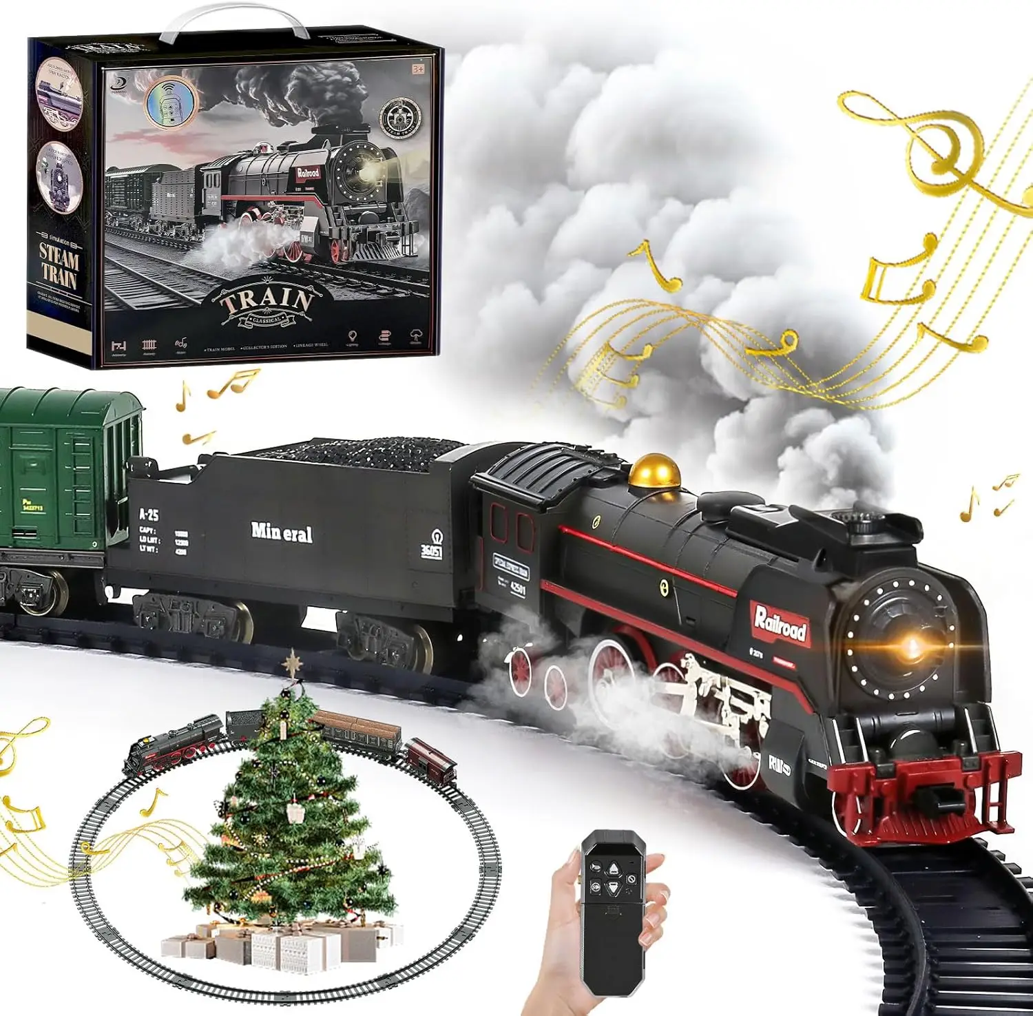 

Christmas Electric Remote Control Train Set with Smoke, Lights, Sound, Locomotive, Cars and Remote Carriage, 3 Smoke Outlets, US