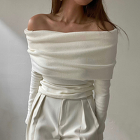 Off Shoulder Knit Top for Women Stretchy Cream White Long Sleeve Pullover Sweater Spring Ladies Elegant Outfit