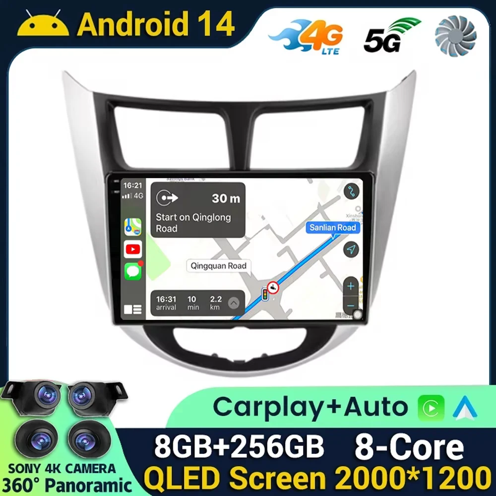 

For Hyundai Solaris Accent i25 2010-2016 Android 14 Car Radio Multimedia Video Player Navigation GPS Carplay Android Auto Stereo