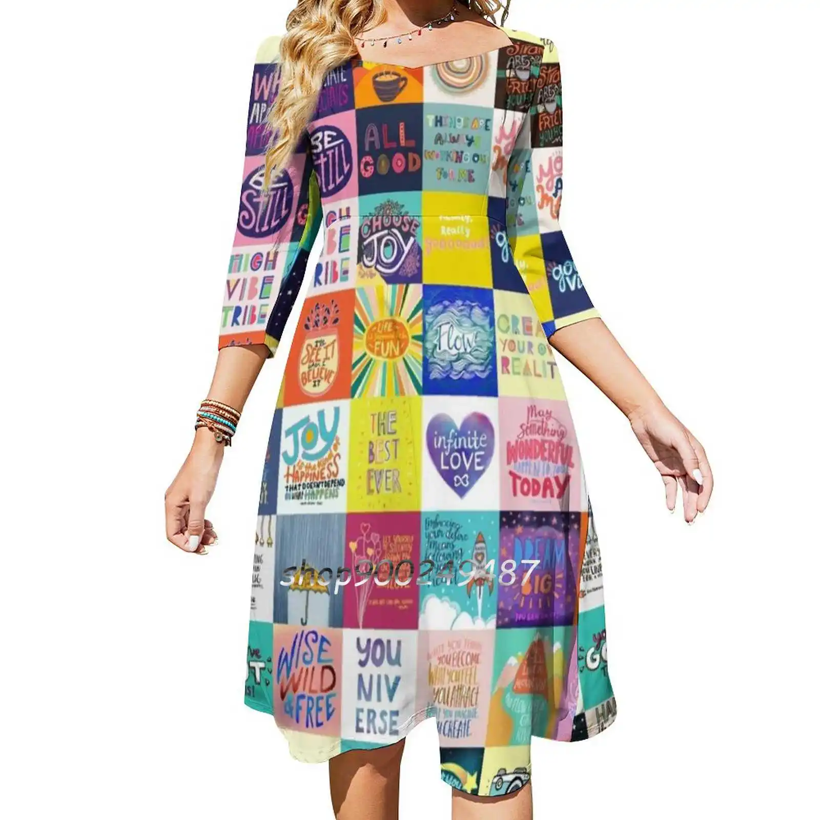 Positivity Patchwork Square Neck Dress Cute Loose Print Dresses Elegant Beach Party Dress Positive Positivity Patchwork Joy